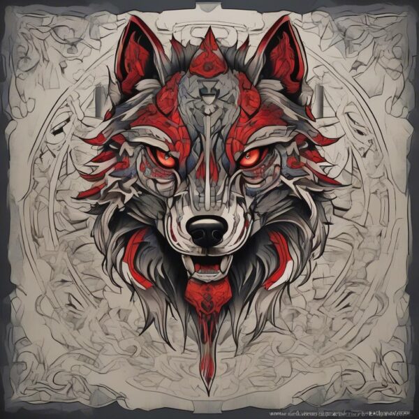 Red-eyed wolf with a scarred muzzle Design Featuring neo-traditional style tattoo