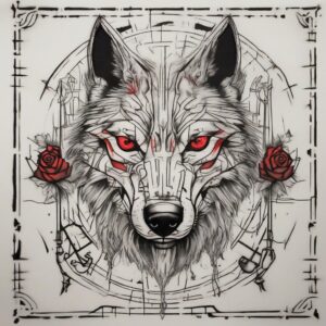 Red-eyed wolf with a scarred muzzle Design Featuring stencil style tattoo