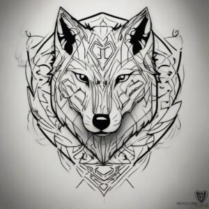 Red-eyed wolf with a scarred muzzle Design Featuring stencil style tattoo