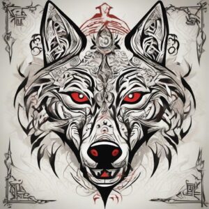 Red-eyed wolf with a scarred muzzle Design Featuring tribal style tattoo