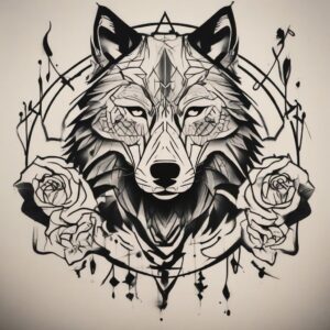 Red-eyed wolf with a scarred muzzle Design Featuring stencil style tattoo