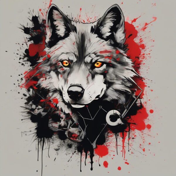 Red-eyed wolf with a scarred muzzle Design Featuring trash polka style tattoo