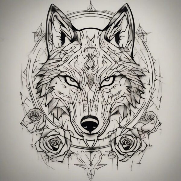 Red-eyed wolf with a scarred muzzle Design Featuring stencil style tattoo