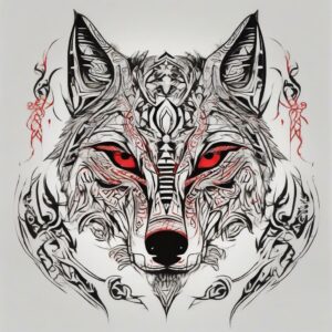 Red-eyed wolf with a scarred muzzle Design Featuring tribal style tattoo