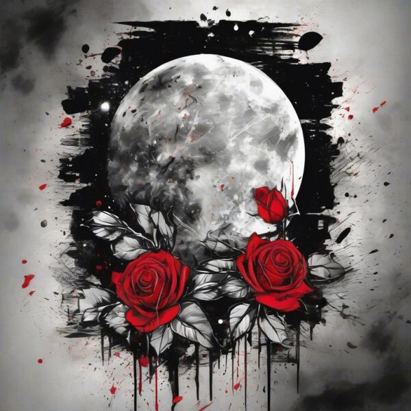 Rose blooming under the full moon Design Featuring trash polka style tattoo