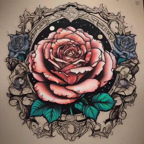 Rose blooming under the full moon Design Featuring neo-traditional style tattoo