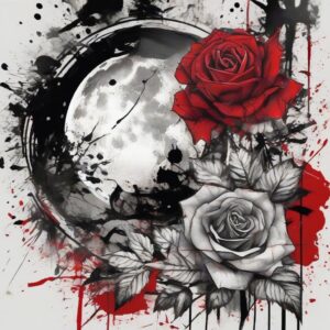 Rose blooming under the full moon Design Featuring trash polka style tattoo