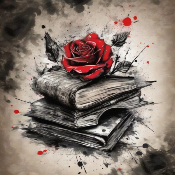 Rose resting on the pages of an old book Design Featuring trash polka style tattoo