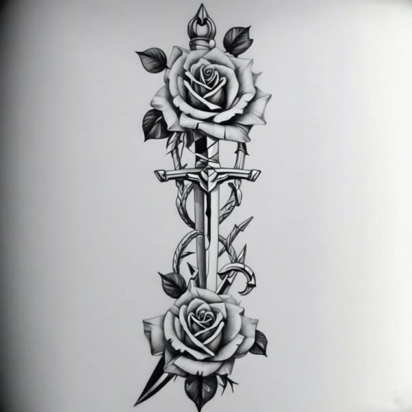 Rose wrapped around a silver dagger Design Featuring stencil style tattoo