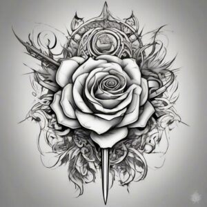 Rose wrapped around a silver dagger Design Featuring tribal style tattoo