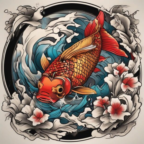 Scarlet Koi fish with golden-tipped fins Design Featuring neo-traditional style tattoo