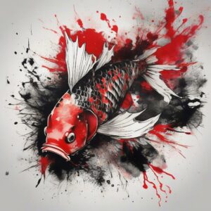 Scarlet Koi fish with golden-tipped fins Design Featuring trash polka style tattoo