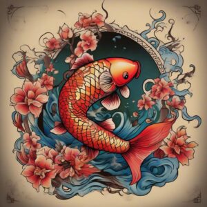 Scarlet Koi fish with golden-tipped fins Design Featuring neo-traditional style tattoo