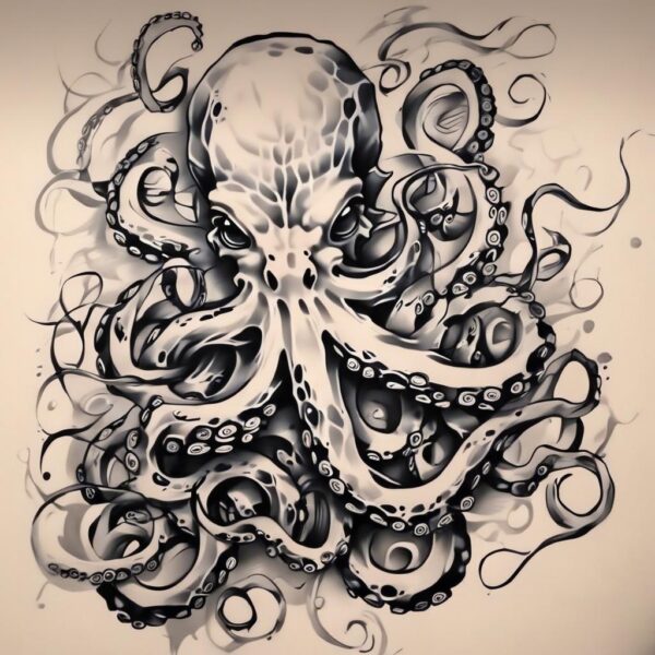 Shadowy octopus with hypnotic swirling eyes Design Featuring stencil style tattoo