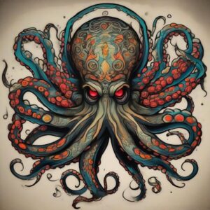 Shadowy octopus with hypnotic swirling eyes Design Featuring neo-traditional style tattoo