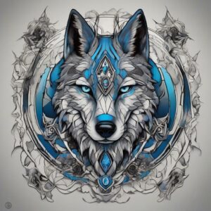 Silver-furred wolf with piercing blue eyes Design Featuring neo-traditional style tattoo