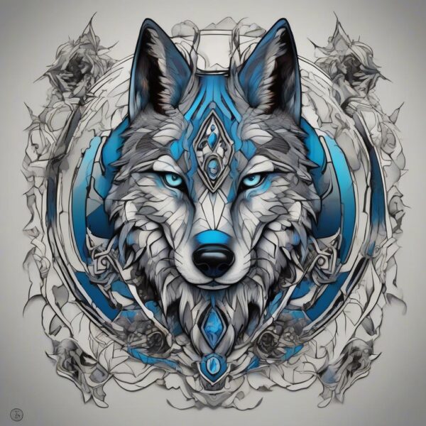 Silver-furred wolf with piercing blue eyes Design Featuring neo-traditional style tattoo