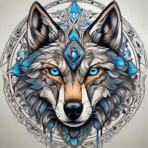 Silver-furred wolf with piercing blue eyes Design Featuring neo-traditional style tattoo