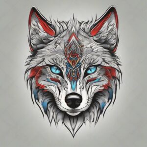 Silver-furred wolf with piercing blue eyes Design Featuring traditional style tattoo