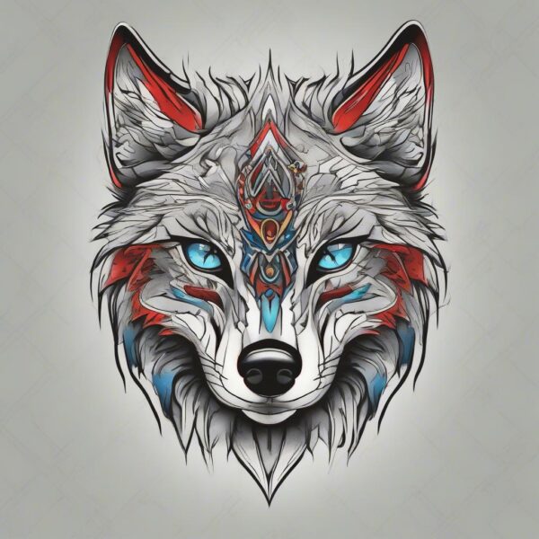 Silver-furred wolf with piercing blue eyes Design Featuring traditional style tattoo