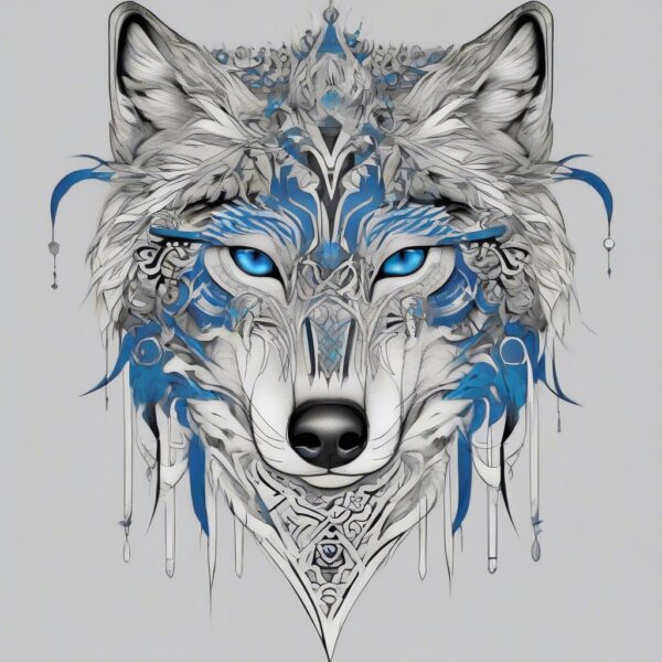 Silver-furred wolf with piercing blue eyes Design Featuring tribal style tattoo