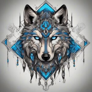 Silver-furred wolf with piercing blue eyes Design Featuring neo-traditional style tattoo