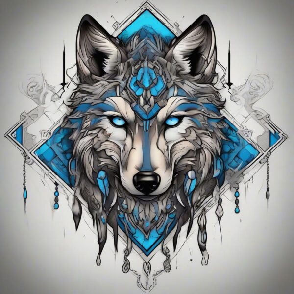 Silver-furred wolf with piercing blue eyes Design Featuring neo-traditional style tattoo