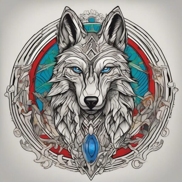 Silver-furred wolf with piercing blue eyes Design Featuring traditional style tattoo