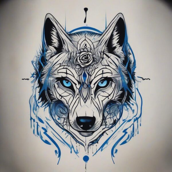 Silver-furred wolf with piercing blue eyes Design Featuring stencil style tattoo