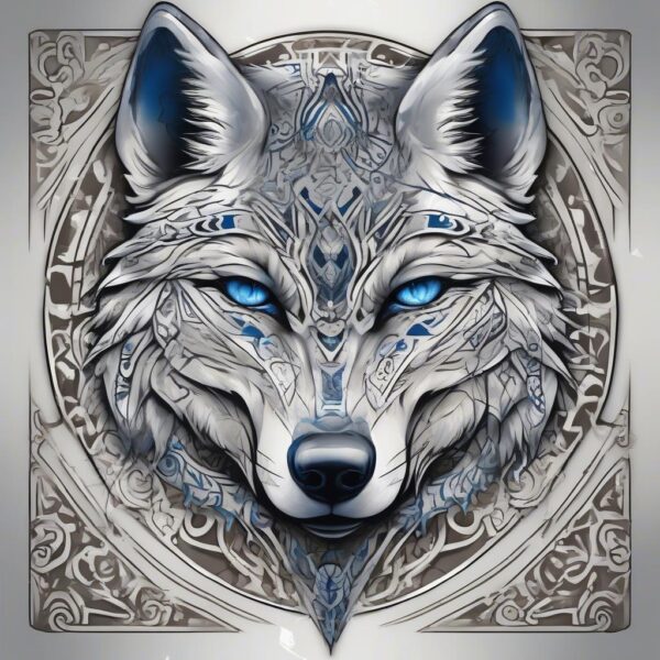 Silver-furred wolf with piercing blue eyes Design Featuring tribal style tattoo