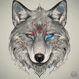 Silver-furred wolf with piercing blue eyes Design Featuring traditional style tattoo