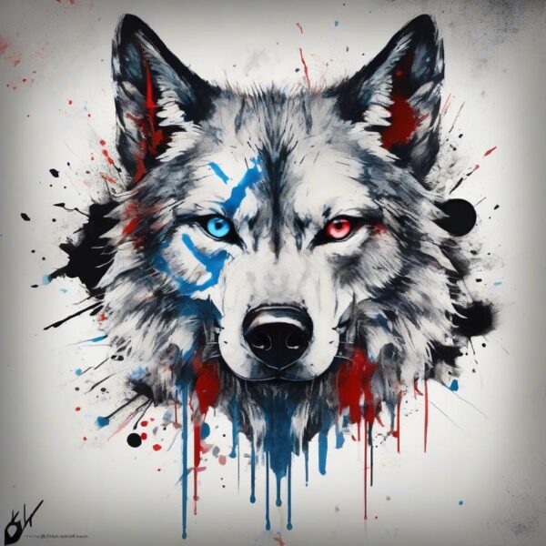 Silver-furred wolf with piercing blue eyes Design Featuring trash polka style tattoo