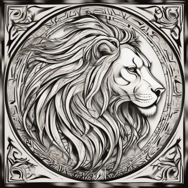 White lion with silver mane flowing in the wind Design Featuring tribal style tattoo