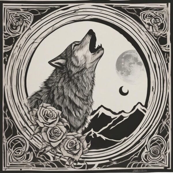 Wolf howling beneath a blood moon Design Featuring stencil style tattoo