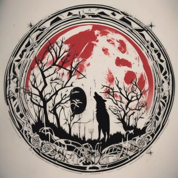 Wolf howling beneath a blood moon Design Featuring stencil style tattoo