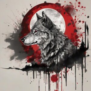 Wolf howling beneath a blood moon Design Featuring trash polka style tattoo