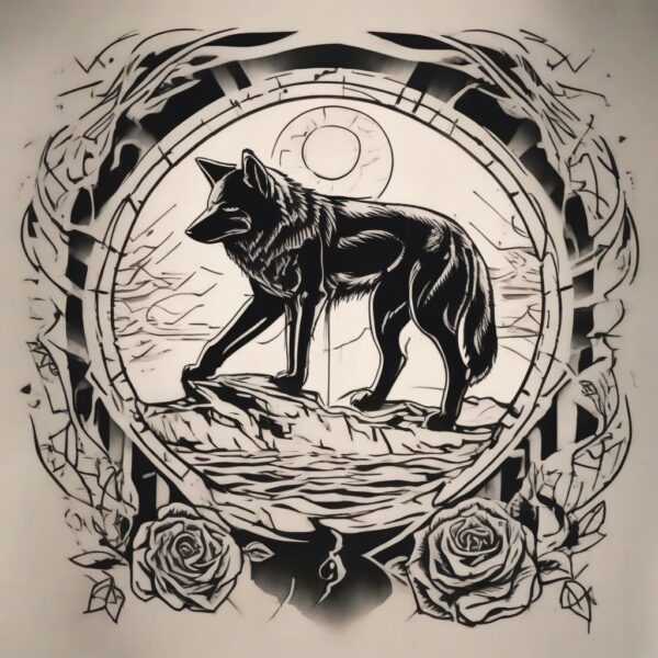 Wolf howling beneath a blood moon Design Featuring stencil style tattoo