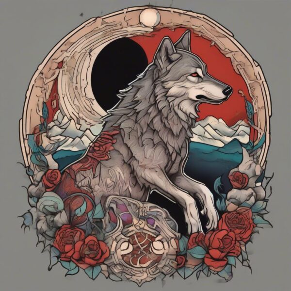 Wolf howling beneath a blood moon Design Featuring neo-traditional style tattoo