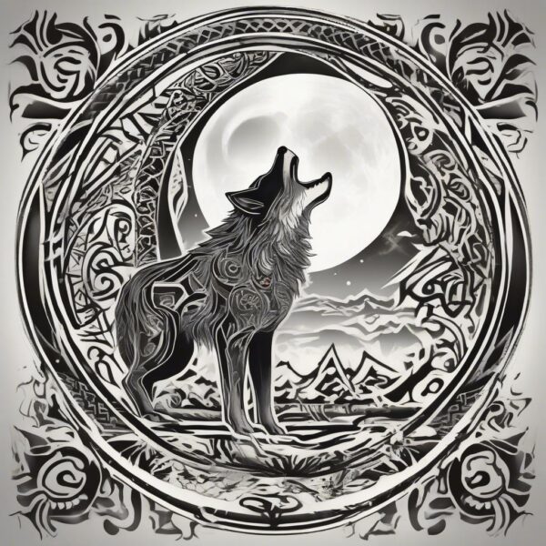 Wolf howling beneath a blood moon Design Featuring tribal style tattoo