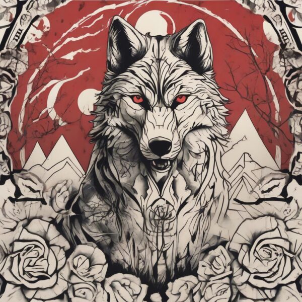 Wolf howling beneath a blood moon Design Featuring stencil style tattoo