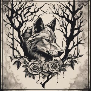 Wolf resting under the shade of an old oak tree Design Featuring stencil style tattoo