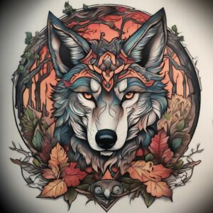 Wolf resting under the shade of an old oak tree Design Featuring neo-traditional style tattoo