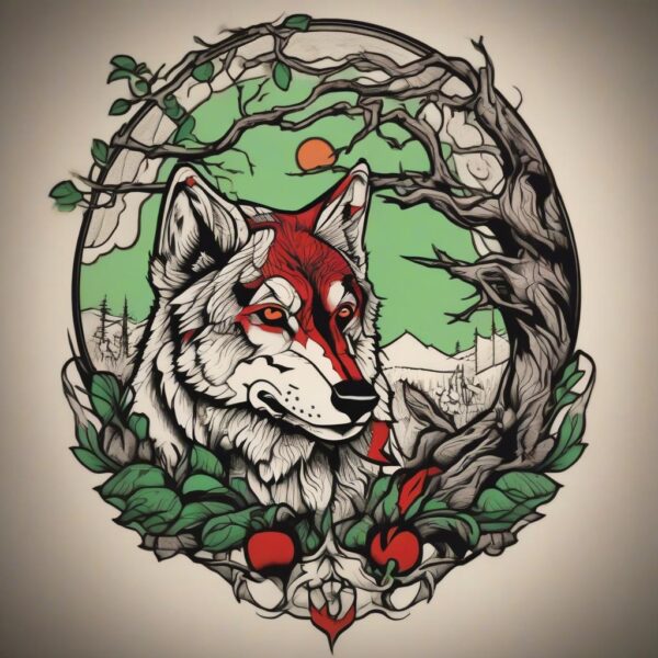 Wolf resting under the shade of an old oak tree Design Featuring traditional style tattoo