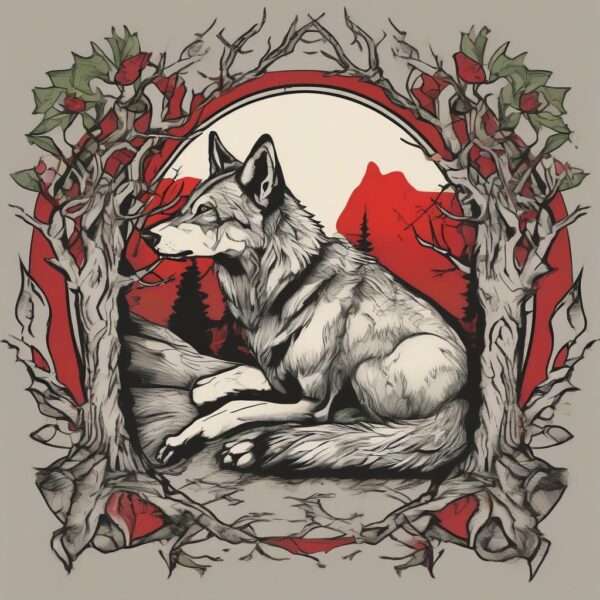 Wolf resting under the shade of an old oak tree Design Featuring traditional style tattoo