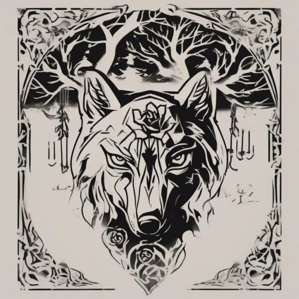 Wolf resting under the shade of an old oak tree Design Featuring stencil style tattoo