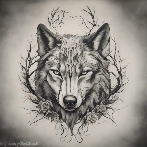 Wolf resting under the shade of an old oak tree Design Featuring stencil style tattoo