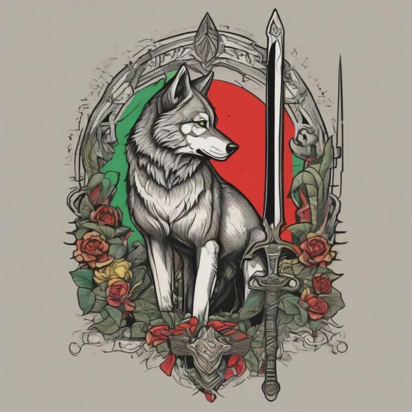 Wolf standing beside an ancient sword buried in the ground Design Featuring traditional style tattoo