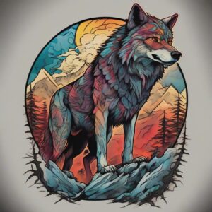 Wolf standing on a misty mountain ridge Design Featuring neo-traditional style tattoo