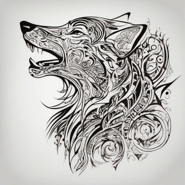 Wolf standing on a misty mountain ridge Design Featuring tribal style tattoo