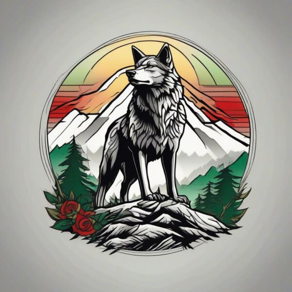 Wolf standing on a misty mountain ridge Design Featuring traditional style tattoo